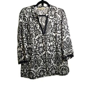 Jones New York Sport Linen Tunic Top Women's M Black White Damask‎